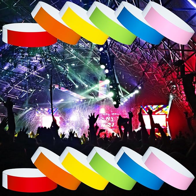 1200 Pcs Plastic Paper Wristbands for Events Neon Color Wrist Bands Concert Identification Wristbands Paper Bracelets Wristbands Party Hand Bands (Red, Orange, Yellow, Fluorescent Green, Blue, Pink)