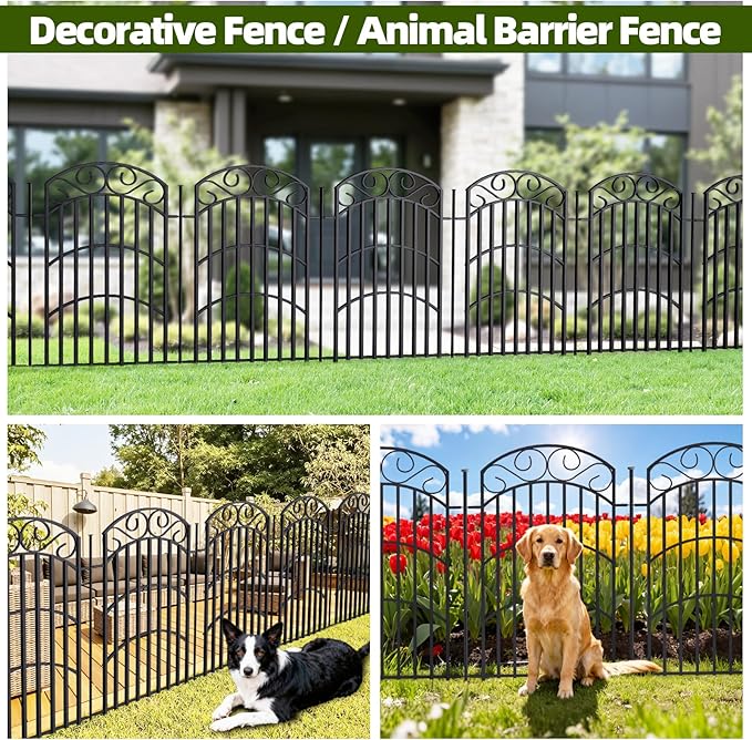 8 Panels 40in(H) Decorative Garden Fence, Total 18ft L Heavy Duty Iron Metal No Dig Animal Barrier Fence, Tall Garden Border Fencing, Temporary Dog Fencing Outdoor for Yard