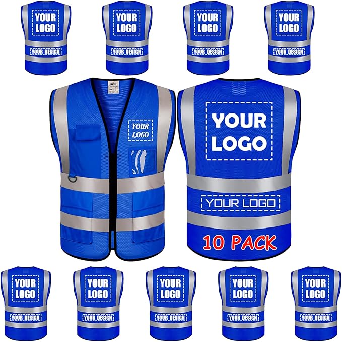 BeautyWill 10 Pack Mesh Safety Vest Custom Logo High Visibility Reflective Vest with Pockets Security Work Vest（Blue，XL）