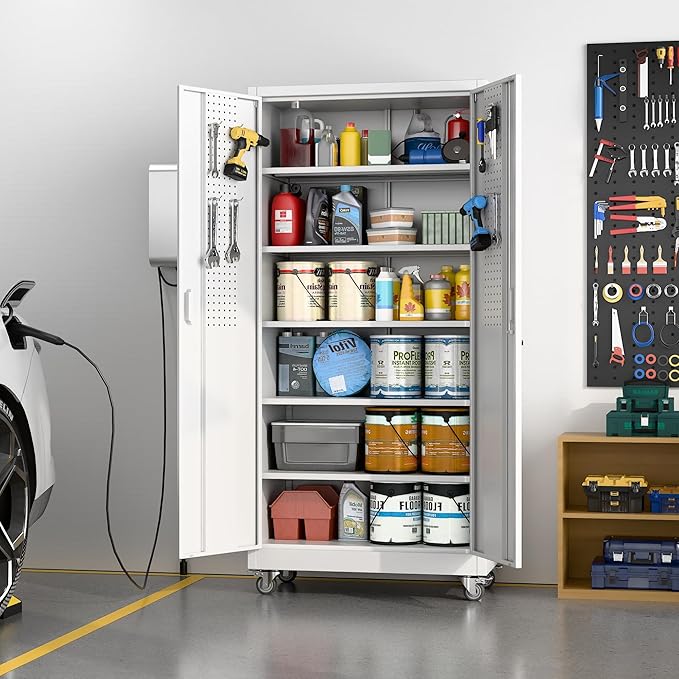 SUXXAN Metal Garage Storage Cabinet with Wheels and Pegboard 71'' x 34'' x 18'', Lockable Rolling Steel Cabinet with 5 Adjustable Shelves and Door for Garage, Office, Kitchen, Assembly Required