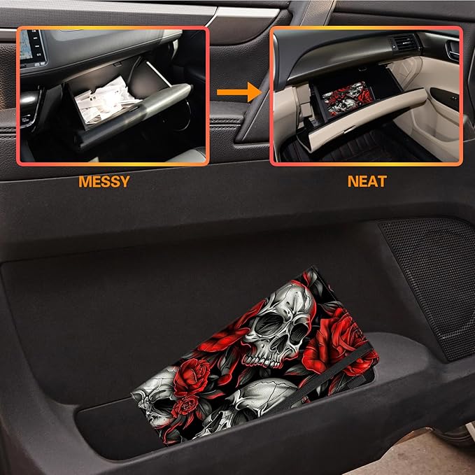 Car Registration and Insurance Holder,Leather Vehicle Glove Box Organizer Wallet for Document,Perfect for any Car,Truck,Motorcycle,Driver License,Trailer or Boat,Men & Women,Skull Red Rose