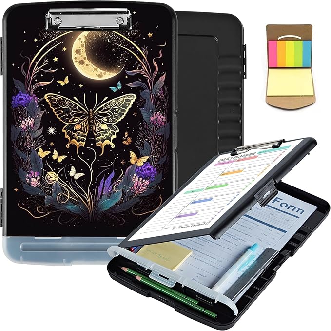 Clipboard with Storage,Clip Boards 8.5X11 with Storage & Pen Holder,Heavy Duty Plastic Nursing Clipboards Foldable,Coaches Clipboard Folder Case,School Office Supplies，Butterfly Flowers & Gold Moon