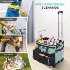 Large Rolling Cleaning Caddy Bag with Detachable Trolley, Waterproof Cleaning Caddy on Wheels for Housekeepers, Cleaning Cart Supplies Organizer for Home,Car,Office,Picnic (Blue-Green) (Patent)