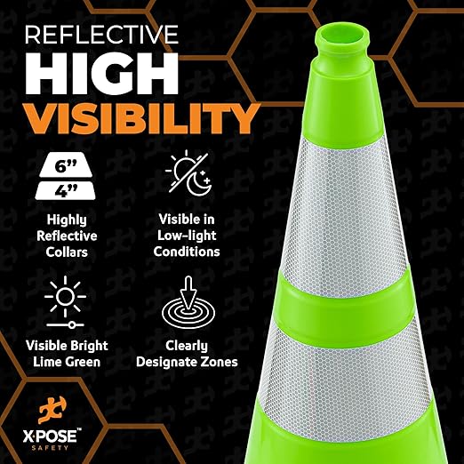Xpose Safety 28" Lime Traffic Cones 6" & 4" Reflective Collar - Bulk Full Pallet 297 Pack - Premium PVC Safety Cone for Parking, Caution, Construction, Road Crews, Emergency Vehicle - DOT Approved