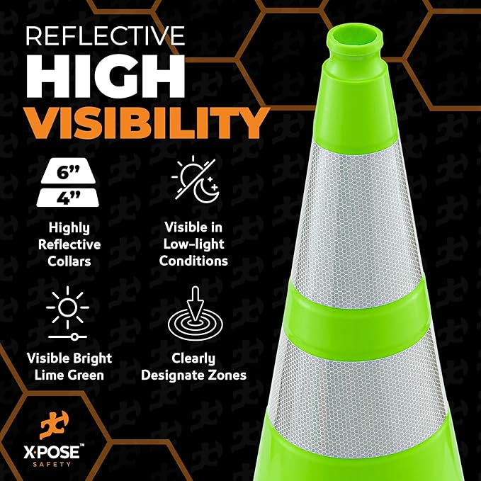Xpose Safety 28” Lime Green Traffic Cone Dual 6" & 4" Reflective Collar – 12 Pack Multipurpose Premium PVC Safety Cone for Parking, Caution, Construction, Road Crews, Emergency Vehicle - DOT Approved