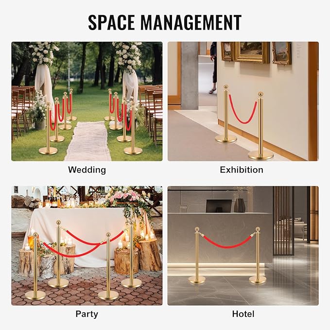 8PCS Stainless Steel Stanchions Post w/ 6 Red Velvet 5ft Carpet Ropes - Hollow Base for Red Carpet Queue - Crowd Control Barriers Ideal for Party, Wedding, Hotels, Exhibitions - Gold