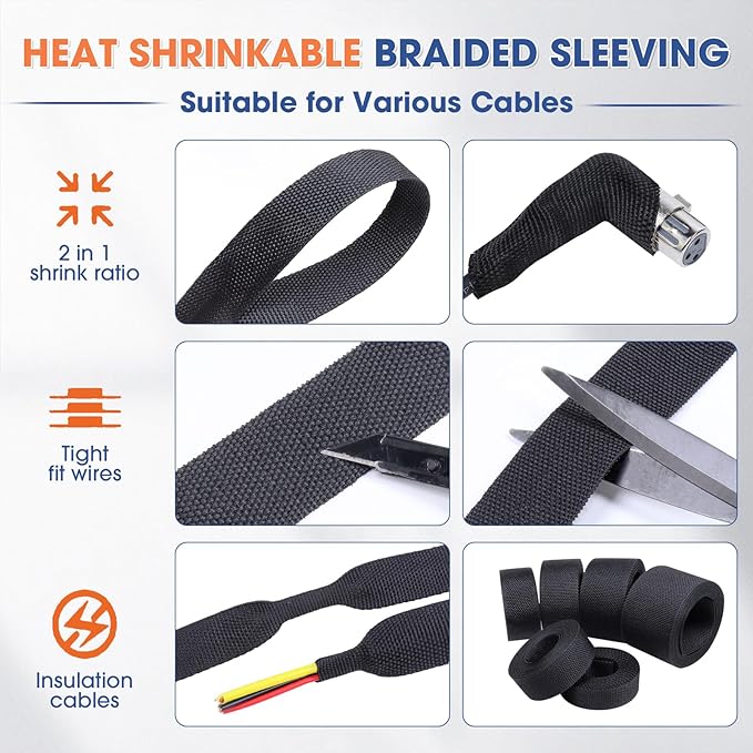 2:1 Heat shrinkable Braided Sleeving Fabric Wire Loom High Temp Heat Shrink Wiring Harness Abrasion Protector Cable Sleeve(1/2"-48ft)