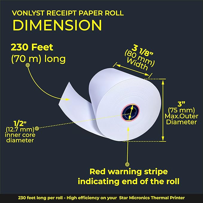 Receipt Paper Roll 3 1/8 x 230 for Square Register and Square POS System connected to Star Micronics Thermal Printer (Pack 12 rolls)