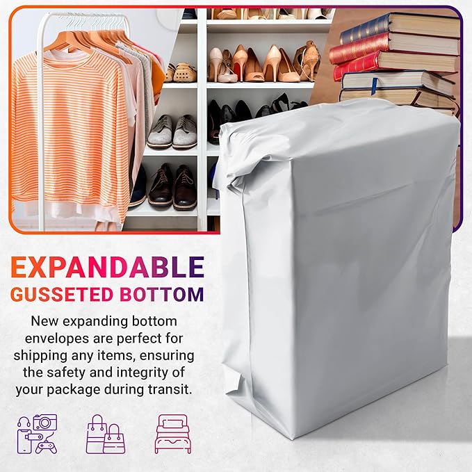 ABC PACK & SUPPLY White Gusseted Poly Mailers, 13 x 16 x 4 Inch. Pack of 500 Expansion Poly Mailers Bags. Shipping Envelopes for Clothing, 2.5 Mil. Plastic Shipping Bags Self Seal. Mailing Packages