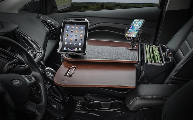 AutoExec AE-GMCD-PI-PM-TAB-21M GripMaster Car Desk for Your Vehicle Workstation and Mobile Office, Mahogany with 400 watt Power Inverter, Phone Mount and Tablet Mount