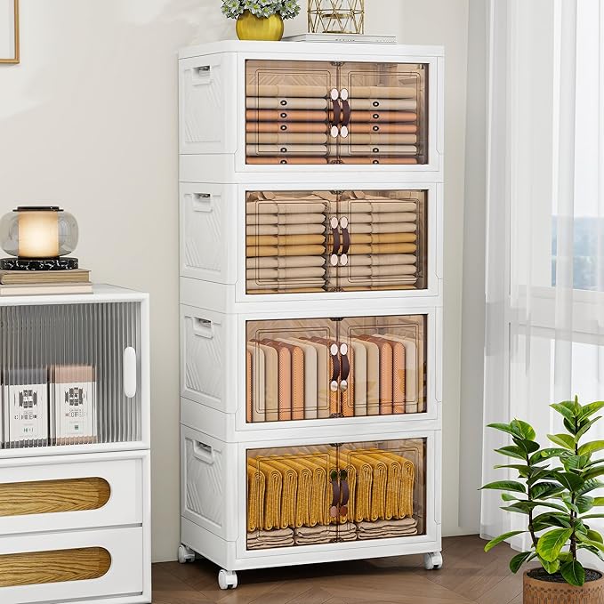 Storage Bins with Lids and Wheels, 398QT-99.5QT*4Tier Collapsible Bathroom Storage Cabinet with Clear Doors, Plastic Stackable Closet Organizers and Containers White