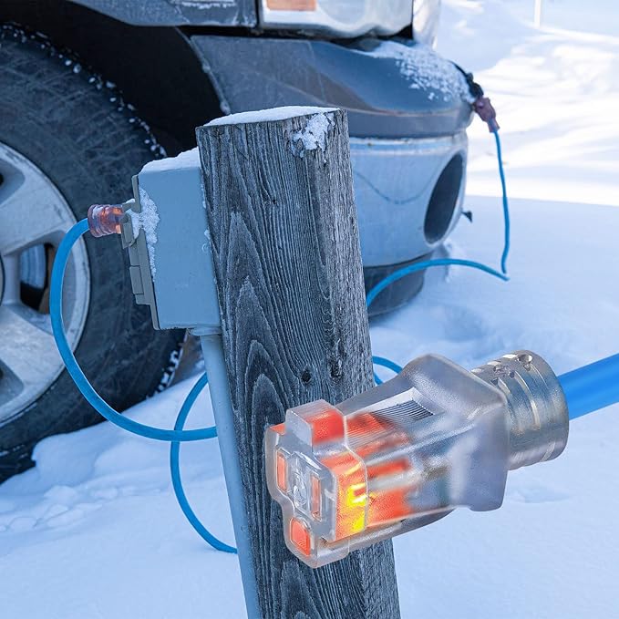 Clear Power 50 ft 14/3 SJTW -50°C Extreme Cold Weather Outdoor Extension Cord, Blue, Grounded Plug, Lighted Connector, Ideal for Snow Blowers & Power Tools, DCOC-0077-DC