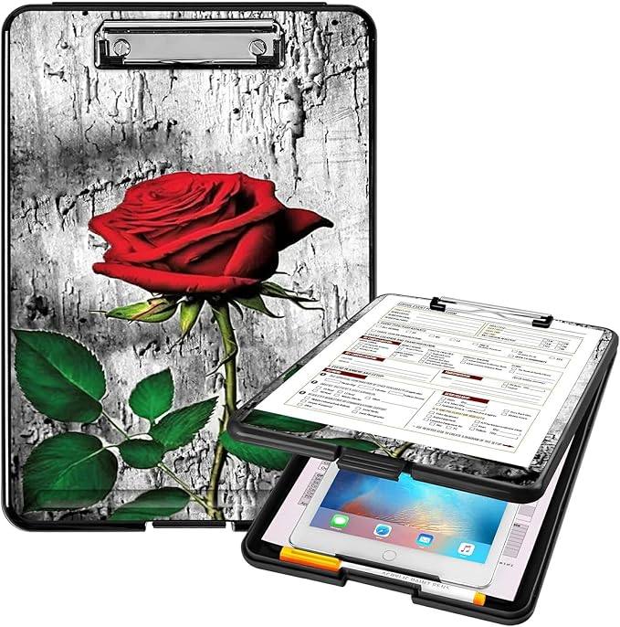 A4 Clipboards,Heavy Duty Waterproof Nursing Plastic Folder Clipboard with Storage Clip Boards,File Folder Storage Box Clipboard Case for Teacher,Doctor,Offices,Elegant Red Rose