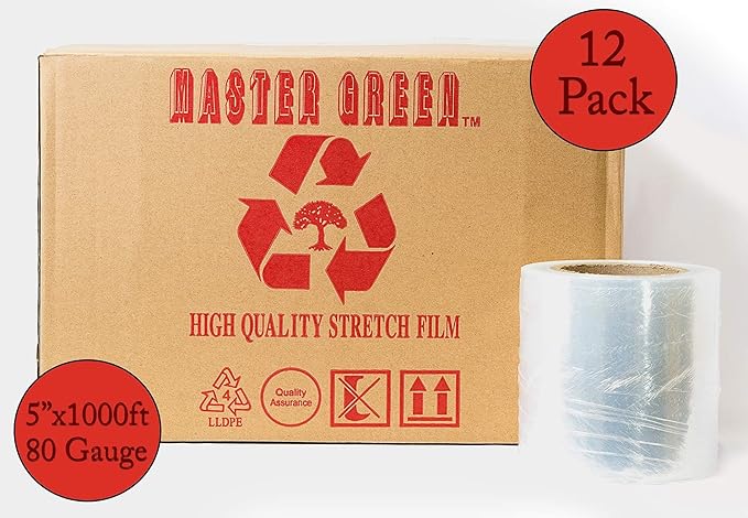 Master Green, 5" x 1000ft 80 Gauge (Pack of 12 Rolls) Clear Plastic Mini Hand Stretch Shrink Wrap Film with One Handle for Industrial, Shipping, Pallet, Storage, Retail, Packing Moving Packaging