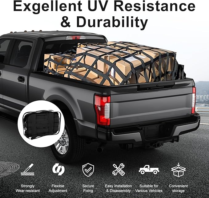 Flat Bungee Cargo Net for Pickup Truck Bed, Highly Elastic 4' x 4' Stretches to 9.5' x 9.5', 25mm mesh Width, 12 Carabiner Hooks, 4 Strong Metal Grommet, Compatible with Toyota, Ford, Chevy, Dodge RAM