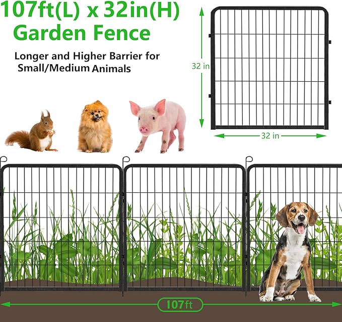 Decorative Metal Garden Fence with Gate Dog Fence Outdoor for Yard, 32in(H) x 107Ft(L) No Dig Fence 40 Panels Fencing for Dogs Animal Barrier Fence Garden Fencing for Yard, Patio, Flower Bed