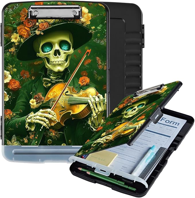 Clipboard with Storage Box & Pen Holder,Heavy Duty Clip Boards 8.5x11 for Nursing,High Capacity,School & Office Supplies,Skull Violinist