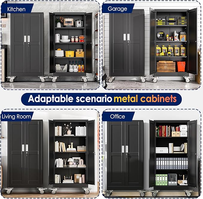 61" H Metal Garage Storage Cabinet, Rolling Tool Cabinet with 2 Doors and Wheels, Locker Steel Cabinet with 3 Adjustable Shelves, Organization Cabinet for Garage,Office,Home,Gym,School（Black）