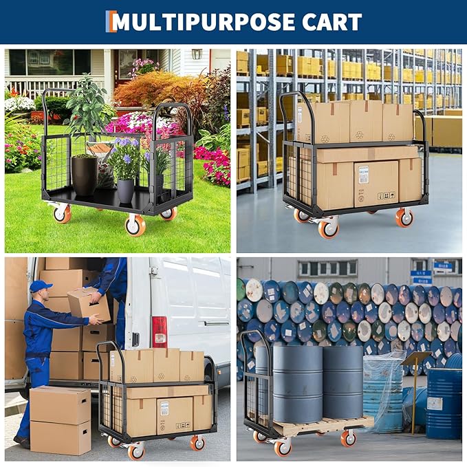 6in1 Foldable Platform Truck Cart with Cage Platform Truck,1800lbs Push Cart Dolly Capacity Flatbed Hand Truck Dolly Cart Multipurpose for Grocery, Laundry, Garage, Warehouse (Black)