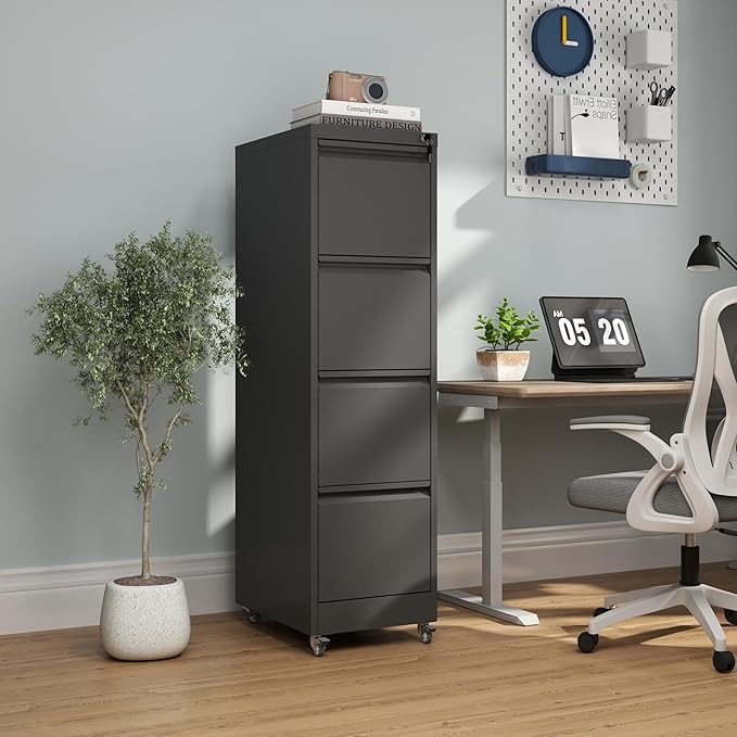 4 Drawer File Cabinet with Wheels,Metal Mobile Filing Cabinets with Lock,Black Rolling File Cabinet for Home Office,Heavy Duty Storage Cabinet for A4/Letter/Legal Size File,Assembly Required