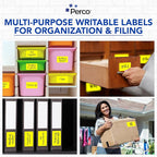 Perco Fluorescent Yellow 3x5 Inch Perforated Sticker Labels — 150 Stickers/Roll — with Permanent Adhesive for Inventory Management, Color Coding, Moving Boxes, Retail, Organizing & Crafts—Made in USA