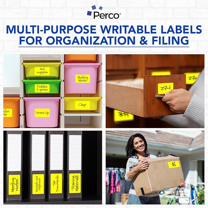 Perco Fluorescent Yellow 3x5 Inch Perforated Sticker Labels — 150 Stickers/Roll — with Permanent Adhesive for Inventory Management, Color Coding, Moving Boxes, Retail, Organizing & Crafts—Made in USA