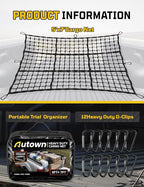 Cargo Net for Pickup Truck Bed - Stretchable 5' x 7' to 10' x 14' with 4" x 4" Mesh, Heavy Duty 10mm Cord Bungee Bed Netting with 12 Metal Carabiners - Ideal for ATV, SUV, UTV and Truck