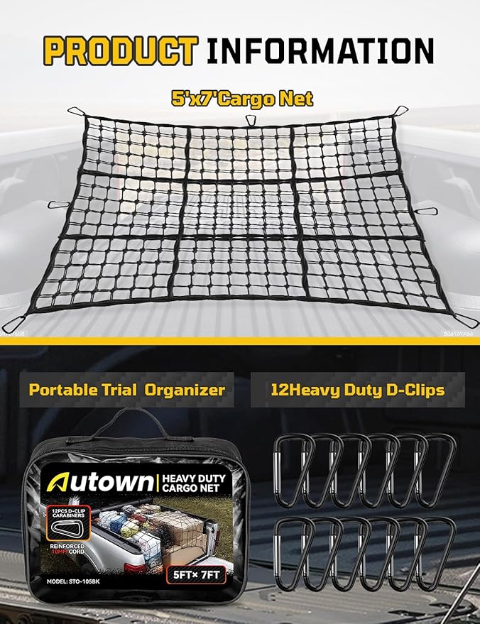 Cargo Net for Pickup Truck Bed - Stretchable 5' x 7' to 10' x 14' with 4" x 4" Mesh, Heavy Duty 10mm Cord Bungee Bed Netting with 12 Metal Carabiners - Ideal for ATV, SUV, UTV and Truck