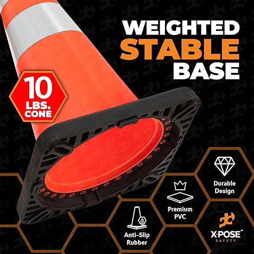 Xpose Safety 28 Inch Orange Traffic Cones Heavy Duty 10lb with 6" & 4" Collars, 6 Pack - Multipurpose PVC Plastic Safety Cone for Parking, Soccer, Caution, Kids and Construction - DOT Approved