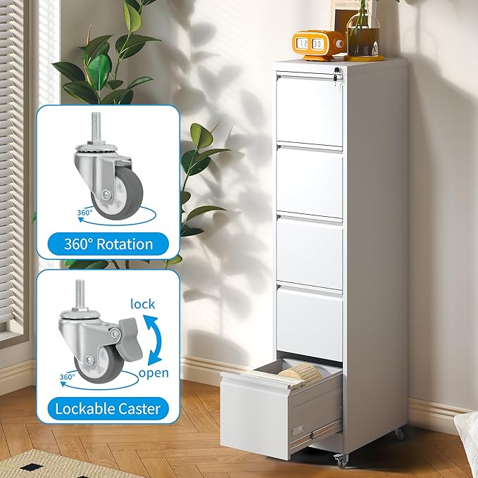 5 Drawer Rolling File Cabinet with Lock, Metal Filing Cabinets on Wheels, Vertical Steel Office Drawers Storage for Hanging Legal/Letter Folders, Require Assembly (White)