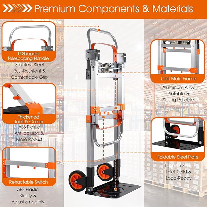 3 in 1 Folding Hand Truck Dolly Cart with Wheels, 660lbs Capacity Foldable Utility Cart Aluminum Trolley Cart Convertible Dolly for Moving Furniture Shopping for Garden Home Office Warehouse