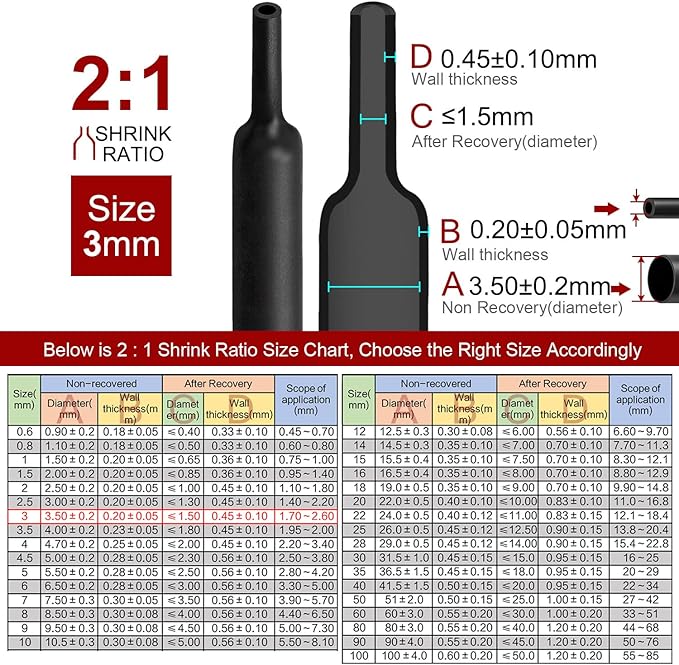 Chanzon 2:1 Ratio - 80Ft Roll - 1/8" (3mm) Heat Shrink Tubing 2:1(25M Total Length) Black Polyolefin Sleeving Wrap Shrinking 2 to 1 1pcs
