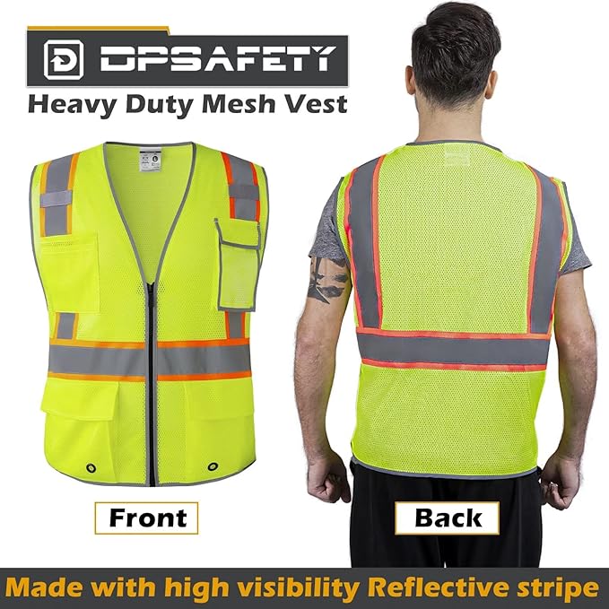 High Visibility Mesh Safety Vest with Dual Tone Reflective Strips, 8 Pocket and Zipper ANSI/ISEA Standards, Safety Vest For Men & Women (Yellow, L)