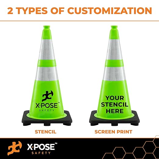 Xpose Safety 36” Lime Green Traffic Cone Dual 6" & 4" Reflective Collar – 12 Pack Multipurpose Premium PVC Safety Cone for Parking, Caution, Construction, Road Crews, Emergency Vehicle - DOT Approved