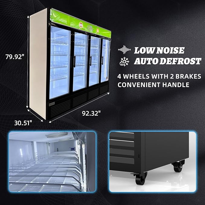 Commercial Beverage Refrigerator Display Fridge,85 Cu Ft Four Glass Door Upright Merchandiser Drink Cooler with LED Light Adjustable Shelves,ETL Approval,80" Wide,Wheels Included