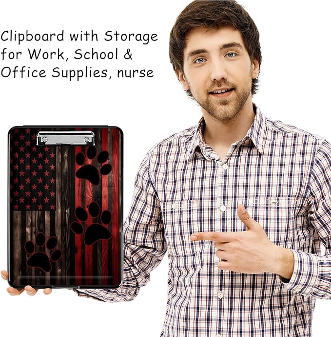 Clipboard with Storage, High Capacity Plastic Storage Clipboard with Pen Holder for Women Teachers Work, School & Office Supplies, Cute Pattern Decorative Clipboards, Dog Paw American Flag
