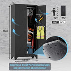 Metal Storage Cabinet with Locking Doors, 75" Tall Garage Cabinet with Hanging Rod, Broom Closet/Freestanding Bathroom Storage Cabinet, Cleaning Tool Storage