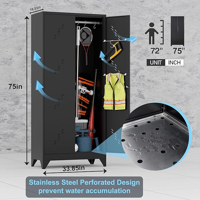 Metal Storage Cabinet with Locking Doors, 75" Tall Garage Cabinet with Hanging Rod, Broom Closet/Freestanding Bathroom Storage Cabinet, Cleaning Tool Storage