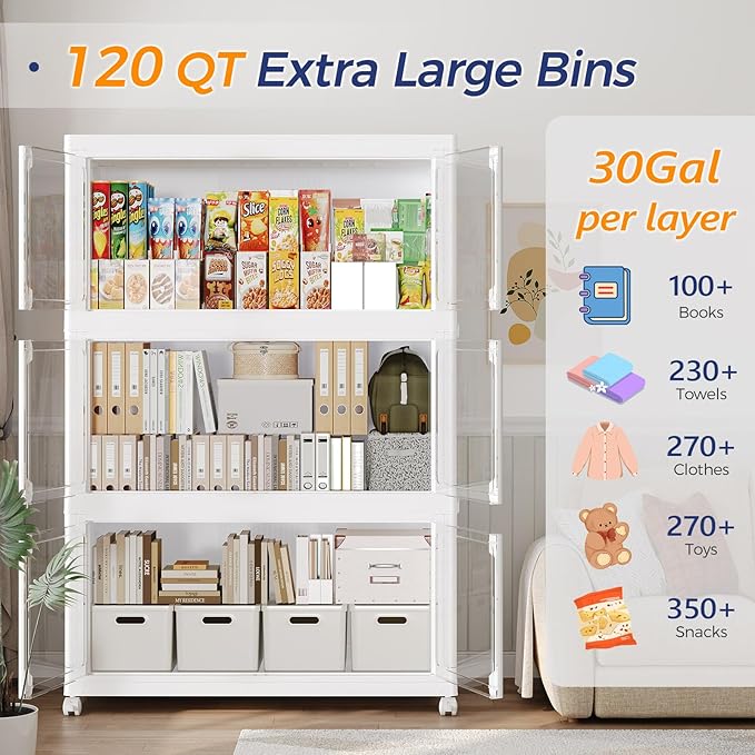 200Qt Large Stackable Storage Bins with Lid, 50Gal Plastic Closet Organizer and Storage Box with Wheels, Collapsible Storage Cabinet with Clear Door for Home Kitchen Office Dorm, 1Pack White