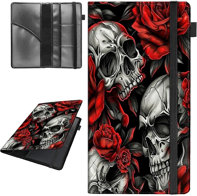 Car Registration and Insurance Holder,Leather Vehicle Glove Box Organizer Wallet for Document,Perfect for any Car,Truck,Motorcycle,Driver License,Trailer or Boat,Men & Women,Skull Red Rose