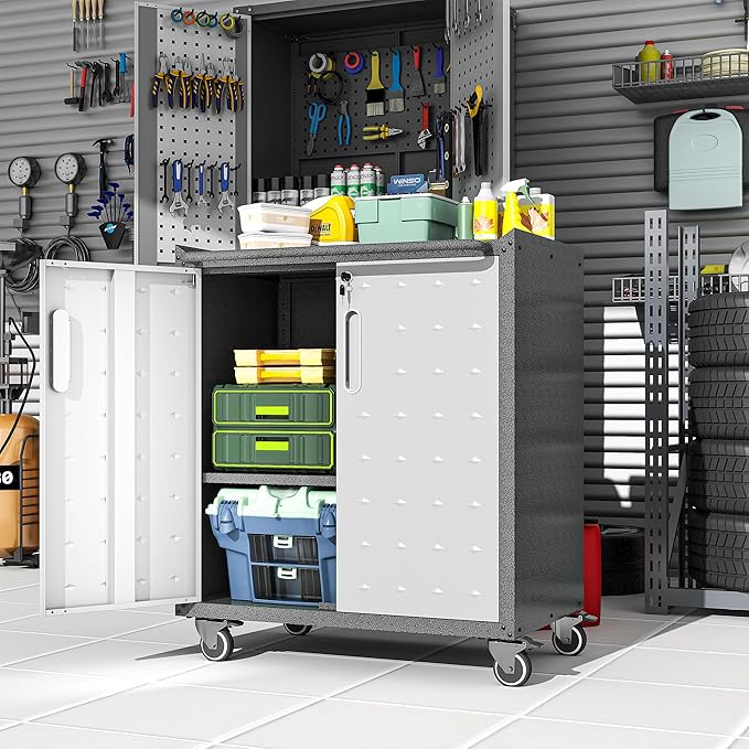 Metal Garage Storage Cabinet on Wheels, Lockable Rolling Tool Cabinet with Doors and Shelves, Heavy Duty Mobile Steel Cabinet for Garage Warehouse Workshop