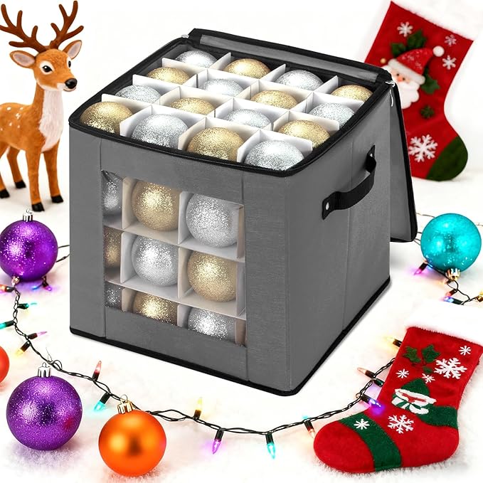 inin Christmas Ornament Storage Box with Adjustable Dividers,Christmas Ornaments Organizer with Zippered Top,Storage Container Bin for Holiday Decorations(64 Ball, Gray, Without Tray)