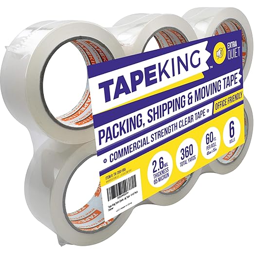 Tape King Quiet Clear Packing Tape | 60 Yards Per Roll (6 Rolls) | Heavy Duty Packing Tape 2.6mil Strong Adhesive for Moving Boxes, Shipping Cartons, Office Use, Storage & Wrapping (360 Yards)