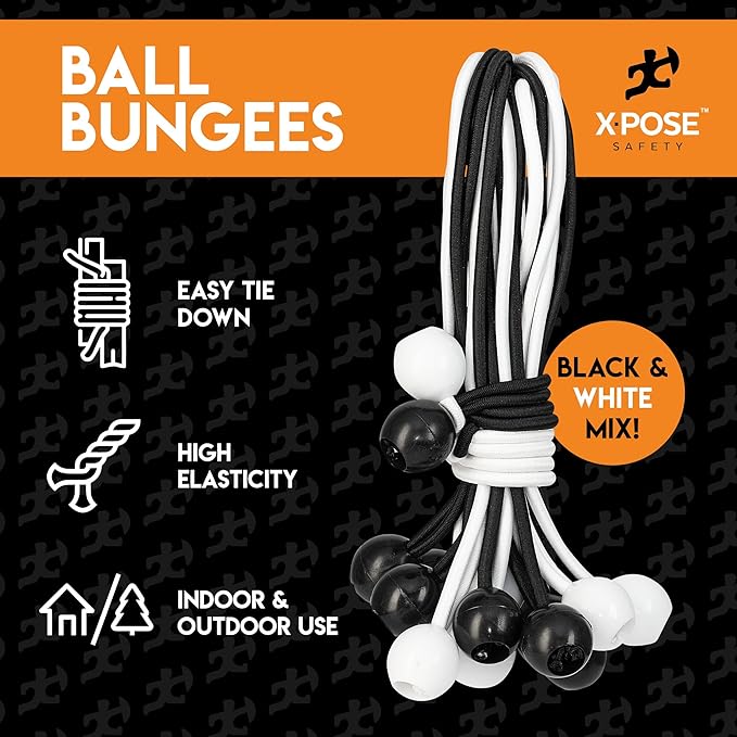Xpose Safety Bungee Ball Cords 9" 100 Pack Heavy Duty Assorted Colors Black and White Stretch Rope with Ball Ties for Canopies, Tarps, Walls, Cable Organization
