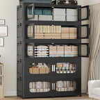 1000QT Large Stackable Storage Bins with Lid, 250Gal Plastic Collapsible Closet Organizers Drawers Box with Wheels, Folding Cabinet Containers with Doors for Home Kitchen Office, 5Pack Black