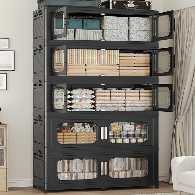 1000QT Large Stackable Storage Bins with Lid, 250Gal Plastic Collapsible Closet Organizers Drawers Box with Wheels, Folding Cabinet Containers with Doors for Home Kitchen Office, 5Pack Black