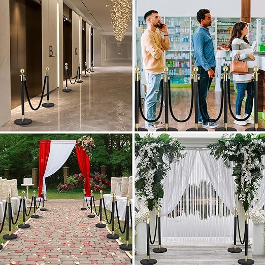 4 PCS Stainless Steel Stanchion Post,5 Ft Black Velvet Ropes and Stanchion Poles Set Crowd Control Barriers with Fillable Base Used for Party Wedding Theaters Red Carpet