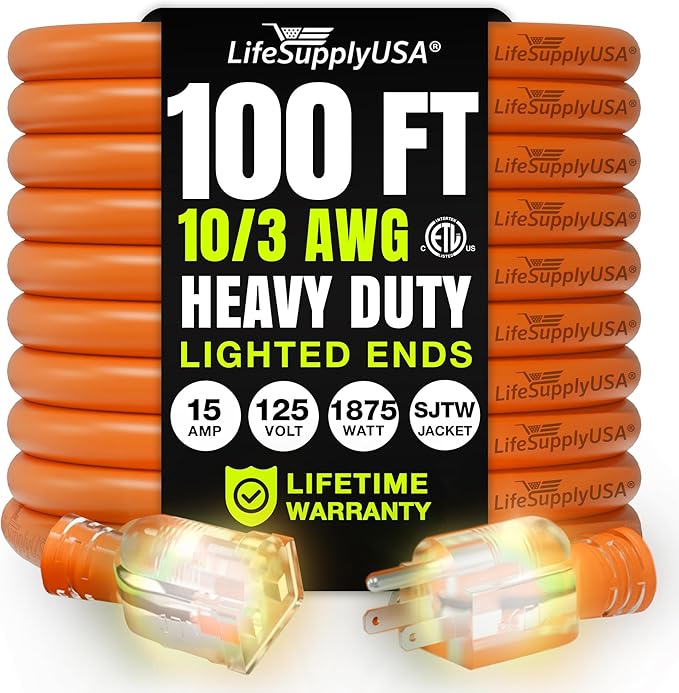 100ft Outdoor/Indoor Extension Cord 10/3 Gauge Ultra Heavy Duty 3 Prong SJTW, Waterproof, ETL Listed, Flexible Cold-Resistant Long Power Cord,15A 125V 1875W, Orange by LifeSupplyUSA