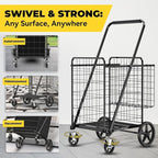 4.7 Cu Ft Folding Shopping Cart - 480 LB Capacity Grocery Cart with 360° Braked Swivel Wheels - Heavy Duty Utility Cart with Double Basket & Removable Waterproof Liner with Lid for Laundry