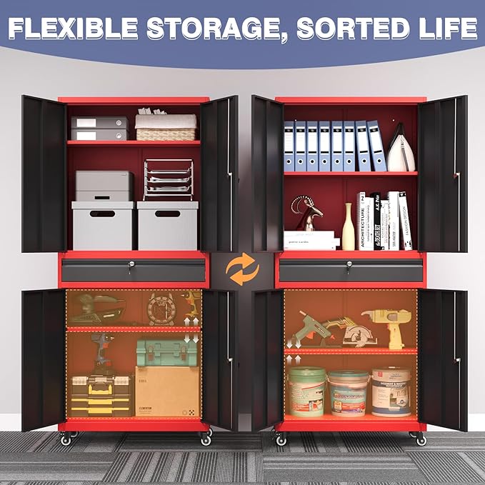 73" Metal Garage Storage Cabinet with Wheels， Rolling Tool Storage with Locking Doors， Adjustable Shelves and Drawer, Heavy Duty Steel Tool Cabinet for Garage, Warehouse, School(Red Black)